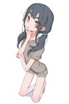  1girl :o akari_(raigou) bangs barefoot black_hair blunt_bangs blush brown_shirt finger_to_own_chin full_body grey_shorts head_rest kneeling long_hair looking_at_viewer notice_lines original parted_lips pointy_ears raigou shadow shirt short_sleeves shorts simple_background solo thick_eyebrows thinking twintails white_background yellow_eyes 