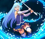  1girl a1 aqua_(konosuba) bangs blouse blue_blouse blue_eyes blue_footwear blue_hair blue_skirt boots commentary_request detached_sleeves frown hair_ornament hair_rings holding holding_staff kono_subarashii_sekai_ni_shukufuku_wo! long_hair looking_at_viewer miniskirt open_mouth panties pantyshot pleated_skirt skirt sleeveless_blouse solo staff standing standing_on_one_leg thigh-highs thigh_boots underwear white_legwear 