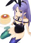  absurdres animal_ears asymmetrical_legwear black_leotard blue_eyes blue_hair detached_collar eyebrows_visible_through_hair fake_animal_ears fate/grand_order fate_(series) food highres holding holding_plate leotard long_hair looking_at_viewer medea_(lily)_(fate) mismatched_legwear nanao_(aoyamahikari) necktie pancake plate playboy_bunny pointy_ears ponytail rabbit_ears seiza sitting strapless strapless_leotard white_background 