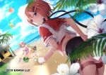  2girls beach black_bow blurry blurry_foreground blush bow day dutch_angle flower_knight_girl food fruit hair_ornament hairclip looking_at_viewer multiple_girls obi official_art open_mouth outdoors pink_hair redhead sailor_collar sakofu sash short_hair skirt violet_eyes watermelon yellow_eyes 