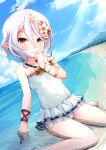  1girl absurdres antenna_hair bangs beach blue_sky bracelet clouds cloudy_sky commentary_request eyebrows_visible_through_hair flower grey_eyes hair_between_eyes hair_flower hair_ornament highres horizon jewelry kokkoro_(princess_connect!) looking_at_viewer nyxerebos ocean pointy_ears princess_connect! short_hair sidelocks sitting sky smile solo swimsuit wariza white_hair white_swimsuit 