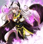  1girl black_kimono dragon_girl dragon_horns fate/grand_order fate_(series) forked_tongue grey_hair horns japanese_clothes kimono kiyohime_(fate) long_hair long_tongue multiple_horns obi red_eyes sash solo standing thigh-highs tongue tongue_out totororo white_legwear wide_sleeves 