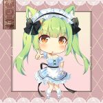  1girl :o animal_ears apron black_bow bow chibi eyebrows_visible_through_hair green_hair hair_ornament hyperz long_hair maid maid_apron maid_headdress orange_eyes shiro_kuma_shake solo twintails virtual_youtuber xinyue_bingbing 