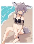  1girl ahoge animal_ears arknights beach bikini black_bikini blue_eyes blush border coldcat. commentary eyebrows_visible_through_hair flat_chest foot_out_of_frame fox_ears fox_tail hair_ornament hairclip highres knee_up looking_to_the_side official_alternate_costume oripathy_lesion_(arknights) outside_border sand see-through short_hair short_twintails sitting solo sussurro_(arknights) sussurro_(summer_flowers)_(arknights) swimsuit tail twintails water white_border 