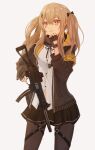  1girl bangs black_gloves black_jacket black_legwear black_ribbon black_scarf black_skirt bow brown_hair closed_mouth eyebrows_visible_through_hair feet_out_of_frame fingerless_gloves girls_frontline gloves gun h&amp;k_ump hair_between_eyes hair_bow hair_ornament hairclip hand_on_own_chin highres holding holding_gun holding_weapon jacket long_hair looking_at_viewer neck_ribbon open_clothes open_jacket pantyhose red_eyes ribbon scar scar_across_eye scarf shirt skirt solo standing submachine_gun twintails ump9_(girls&#039;_frontline) uwu weapon white_background white_shirt yukiko_(leovioykk) 