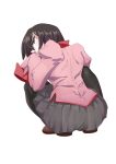  absurdres arms_on_knees bangs black_eyes black_hair black_legwear brown_footwear commentary curled_up downcast_eyes empty_eyes eyelashes from_behind full_body grey_skirt highres knees_apart_feet_together leaning_forward loafers long_sleeves looking_at_viewer looking_back looking_down monogatari_(series) naoetsu_high_school_uniform oshino_ougi pale_skin pantyhose pink_shirt pleated_skirt puffy_sleeves school_uniform shirt shoes shumazarashi simple_background skirt sleeves_past_fingers sleeves_past_wrists squatting turning_head white_background 
