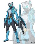  1boy adapted_costume alternate_costume armor belt blue_eyes compound_eyes crossover devil_may_cry_(series) devil_may_cry_3 devil_trigger helmet highres kamen_rider katana mask rider_belt sheath solo sword to_ze tokusatsu vergil_(devil_may_cry) weapon yamato_(sword) 