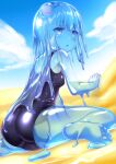  1girl ass bangs blue_slime breasts day eyebrows_visible_through_hair highres long_hair monster_girl naka_(cheeseyeast) original outdoors school_swimsuit sitting slime_(substance) slime_girl small_breasts solo swimsuit wariza 