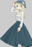  1girl adjusting_clothes adjusting_headwear blonde_hair blouse blue_eyes blue_headwear blue_skirt collared_blouse commentary_request feet_out_of_frame fish grey_background hand_up highres light_blush long_hair long_skirt long_sleeves looking_at_viewer no_pupils open_mouth shoujo_shuumatsu_ryokou simple_background skirt smile solo white_blouse yoyohachi yuuri_(shoujo_shuumatsu_ryokou) 