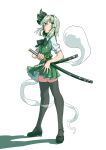  1girl absurdres black_legwear blue_eyes blunt_ends bow breasts cherry_blossom_print dress floral_print full_body green_bow green_dress grey_hair hair_ornament hairpin hand_on_handle highres katana konpaku_youmu konpaku_youmu_(ghost) looking_up mary_janes medium_hair sheath sheathed shoes simple_background small_breasts solo spread_fingers stank sword thigh-highs touhou wakizashi weapon white_background 