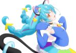  1girl :d animal_ear_fluff animal_ears blue_gloves blue_hair blue_headwear blue_jacket braid breasts cat_ears cat_tail collar collarbone cure_cosmo elbow_gloves eyelashes floating_hair from_side fuchi_(nightmare) fur-trimmed_gloves fur_trim gloves hat jacket long_hair looking_at_viewer mini_hat miniskirt multicolored multicolored_clothes multicolored_skirt open_mouth orange_eyes precure shiny shiny_hair simple_background skirt sleeveless sleeveless_jacket small_breasts smile solo standing star_twinkle_precure tail twin_braids twintails very_long_hair white_background 