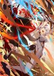  2girls absurdres aqua_eyes arms_up bangs commentary detached_sleeves earrings english_commentary fire greatsword hair_between_eyes hair_ornament highres holding holding_sword holding_weapon honkai_(series) honkai_impact_3rd jewelry kiana_kaslana kiana_kaslana_(herrscher_of_flamescion) lifting long_hair looking_at_another looking_away looking_back multiple_girls murata_himeko mush_(mushlicious) ponytail redhead sidelocks smile sword weapon white_hair white_legwear yellow_eyes 