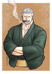  1boy alternate_costume beard cigar collarbone cropped_torso crossed_arms facial_hair green_kimono hands_in_opposite_sleeves highres japanese_clothes kimono kokorozashi male_cleavage male_focus mature_male muscular muscular_male one_piece pectorals scar scar_on_chest short_hair sideburns smoke smoker_(one_piece) smoking solo stubble white_hair 