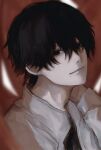  1boy black_eyes black_hair blurry blurry_background chainsaw_man closed_mouth highres jacket looking_at_viewer male_focus mole mole_under_mouth noroma02 smile solo tentacles upper_body white_jacket yoshida_hirofumi 