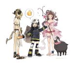  3girls animal_ears arknights barefoot barefoot_sandals bikini black_sheep blonde_hair boots brown_hair closed_eyes dated embarrassed emoji eyjafjalla_(arknights) eyjafjalla_(summer_flowers)_(arknights) fire_helmet fire_jacket firefighter flower flower_necklace frown hand_on_hip highres holding holding_staff horns ifrit_(arknights) ifrit_(sunburn)_(arknights) infection_monitor_(arknights) jewelry knee_pads leg_garter long_hair multiple_girls necklace off-shoulder_bikini off-shoulder_swimsuit off_shoulder official_alternate_costume open_mouth oripathy_lesion_(arknights) pink_bikini pink_flower pink_swimsuit plaid plaid_bikini platinum_blonde_hair sandals shaw_(arknights) sheep sheep_ears sheep_girl sheep_horns simple_background sketch squirrel_girl squirrel_tail staff sweatdrop swimsuit tail thumbs_up torch white_background white_bikini yuyanshu13 