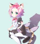  1girl absurdres alternate_costume animal_ear_fluff animal_ears apron bell blush cat_ears cat_tail diona_(genshin_impact) eyelashes genshin_impact green_eyes hair_ornament hair_ribbon hairclip highres kki_(user_ygju8557) looking_at_viewer maid maid_apron neck_bell pink_hair red_ribbon ribbon simple_background smile tail thick_eyebrows thigh-highs tied_hair white_legwear 