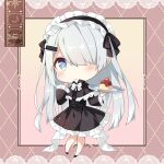  1girl apron cake chibi food hair_ornament hair_over_one_eye long_hair looking_at_viewer maid maid_apron maid_headdress noir_(noworld) noworld shiro_kuma_shake solo virtual_youtuber white_hair 