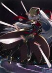  1girl absurdres altair_(re:creators) black_jacket black_legwear dated epaulettes floating full_body hat highres jacket long_hair military military_uniform night night_sky outdoors pale_skin re:creators red_ribbon ribbon shako_cap silver_hair sky solo sword uniform very_long_hair violet_eyes weapon zhong_(kartg0046935) 