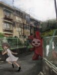  000v666 1girl apartment balcony bangs brown_eyes brown_hair building bush clouds cloudy_sky day dress fence highres horror_(theme) monster open_mouth original outdoors rabbit running short_twintails sky socks tears teeth tree twintails white_dress white_footwear 