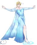  1boy :d absurdres artist_request blonde_hair blue_dress blush cosplay covered_navel crossdressinging dio_brando dress elsa_(frozen) elsa_(frozen)_(cosplay) frozen_(disney) full_body high_heels highres jojo_no_kimyou_na_bouken long_hair looking_at_viewer male_focus open_mouth outstretched_arms red_eyes side_slit simple_background smile solo_focus white_background x_x 