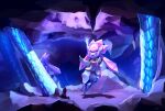  cave_interior commentary diancie full_body gen_6_pokemon highres likey looking_up mythical_pokemon no_humans outstretched_arms pokemon pokemon_(creature) stalactite stalagmite violet_eyes 