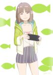  1girl brown_eyes brown_hair character_request closed_mouth dated hair_ornament handheld_game_console haruyama_kazunori highres looking_at_viewer shorts smile solo 