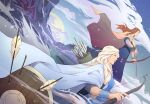  2girls absurdres arrow_(projectile) blue_sky bow_(weapon) braid brown_eyes cape clouds day dragon dutch_angle highres long_hair multiple_girls nid_(banner_saga) nuoxu oddleif outdoors quiver shield sky the_banner_saga weapon white_hair wristband 