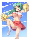  1girl blush breasts cheerleader green_eyes green_hair highres higurashi_no_naku_koro_ni long_hair no_bra open_mouth panties pom_pom_(cheerleading) ponytail skirt sky solo sonozaki_mion tennis tied_hair to-ya_(to-ya_can) unaligned_breasts under_boob underwear white_panties 