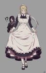 !? 1boy 1girl apron arizuka_(catacombe) black_gloves black_hair bloodborne blue_eyes capelet closed_mouth clothes_lift commentary_request curtsey dress frilled_apron frills gloves grey_background hair_over_one_eye highres holding holding_clothes juliet_sleeves long_hair long_skirt long_sleeves maid maid_apron maid_headdress open_mouth puffy_sleeves sidelocks skirt skirt_hold skirt_lift smile sweat victorian_maid white_legwear