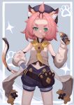  1girl :3 absurdres animal_ear_fluff animal_ears aoaoaoao_(baiyanheibing) blush cat_ears cat_tail diona_(genshin_impact) eyelashes fang genshin_impact green_eyes hat highres holding holding_weapon looking_at_viewer midriff navel pink_hair shorts tail thick_eyebrows tied_hair weapon 