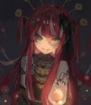  1girl black_nails bow dark ememo grin hair_bow hair_ornament hairpin heterochromia highres hololive hololive_indonesia kureiji_ollie lantern light long_hair official_alternate_costume redhead smile stitches symbol-shaped_pupils virtual_youtuber 