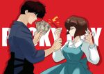 1boy 1girl black_hair blue_dress blue_kimono blush brown_eyes brown_hair dress eye_contact food hands_up holding holding_food holding_pocky japanese_clothes jill_lien kimono kunou_tatewaki long_sleeves looking_at_another money pocky pocky_day ranma_1/2 red_background short_hair simple_background tendou_nabiki 