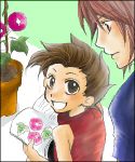  book brown_eyes brown_hair father_and_son flower kratos_aurion lloyd_irving oekaki plant short_hair smile tales_of_symphonia 