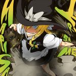  apron blonde_hair blue_eyes boots braid broom crazy_eyes dress dust_cloud from_above grin hair_ribbon hat kirisame_marisa mini-hakkero pageratta ribbon romaji smile solo touhou vest witch witch_hat 