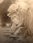  book capelet crescent crescent_moon cup dress hair_ornament hat jq long_hair monochrome moon open_book patchouli_knowledge reading sepia sketch solo stack_of_books teacup touhou traditional_media 