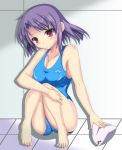 barefoot competition_swimsuit mochi_no_suke original purple_hair red_eyes short_hair swim_cap swimsuit 