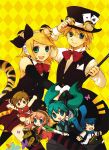  aqua_eyes argyle argyle_background blonde_hair chibi fang formal hair_ornament hair_ribbon hairclip hat hatsune_miku headphones headset kagamine_len kagamine_rin kaito megurine_luka meiko ribbon short_hair siblings smile suit tail tiger_ears tiger_tail top_hat twins vocaloid yellow_background yukkii 