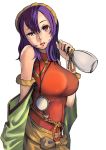  adapted_costume bare_shoulders bottle breasts casual contemporary headband jewelry kemu_(pixiv463430) large_breasts mirror necklace purple_hair red_eyes short_hair solo touhou yasaka_kanako 