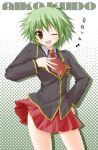  blazer blush green_hair kudou_aiko musical_note open_mouth school_uniform short_hair smile solo suien translation_request wink 