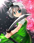  bow cherry_blossoms hair_bow katana konpaku_youmu nagare silver_hair sword touhou weapon 