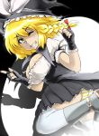  1girl bad_id blonde_hair braid breasts fingerless_gloves gloves grin highres hyudora kirisame_marisa large_breasts panties pantyshot pointing smile solo striped striped_panties thighhighs thumbs_up touhou underwear wink yellow_eyes 