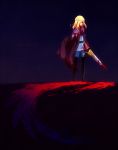  black_background blonde_hair blood cape gloves highres male red_eyes richard_(tales_of_graces) solo sword tales_of_(series) tales_of_graces weapon yama37 