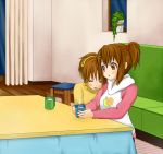  alternate_hairstyle brown_eyes brown_hair couch cup hair_bobbles hair_ornament hirasawa_ui hirasawa_yui hoodie k-on! kf kotatsu mug multiple_girls ponytail short_hair siblings side_ponytail sisters snail table 