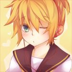  blush green_eyes headphones heart kagamine_len male mukkun ponytail school_uniform serafuku vocaloid wink 