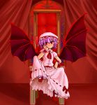  1girl chair chin_rest eruichi_(redphantom) hat purple_hair red_eyes remilia_scarlet short_hair solo throne touhou wings 