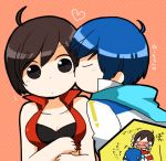  1girl blue_hair blush brown_hair chibi couple kaito kano_(coyotehunt) kiss meiko translated translation_request vocaloid 
