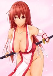  bent_over breasts cleavage dead_or_alive hanging_breasts kasumi large_breasts leaning_forward panties red_eyes red_hair shuugetsu_karasu side-tie_panties sword underwear weapon 