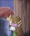   anna_irving blush brown_hair couple closed_eyes fingerless_gloves kiss kratos_aurion oekaki rain redhead tales_of_symphonia  