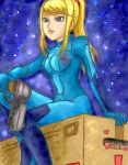  blonde_hair blue_eyes box breasts gun metal_gear metroid nintendo samus_aran solid_snake weapon zero_suit 