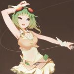  armpits bad_id goggles goggles_on_head green_hair gumi microphone midriff no_nose open_mouth short_hair skirt smile solo tw2ko vocaloid wrist_cuffs 